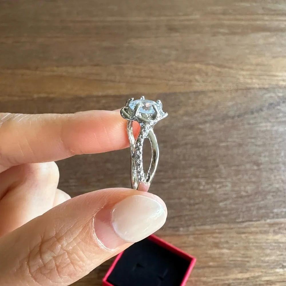 Silver Tone Floral Halo CZ Engagement Ring Size 8.25 Statement Ring